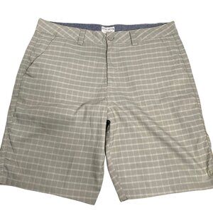 Hang Ten Flat Front Chino Shorts 36 Grey Checkered Pockets Belt Loops Button Zip